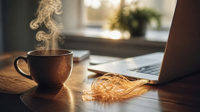 Cană de cafea aburindă lângă niște cabluri luminoase încâlcite ce ies dintr-un laptop, lumină de dimineață.