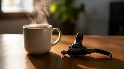 Cană de cafea aburindă lângă o mică manetă metalică de frână, pe un birou de lemn, lumină caldă de dimineață.