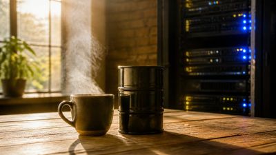 Cană de cafea lângă un mic butoi de petrol, cu un rack de server luminat în fundal.