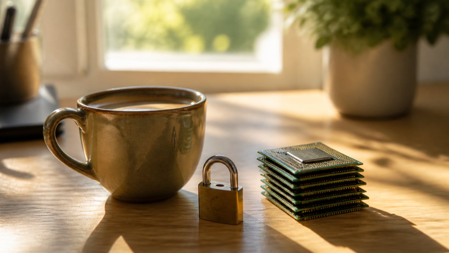 Cană de cafea pe birou lângă un lacăt mic și un teanc de cipuri de calculator