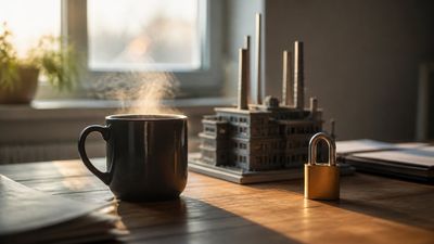 Ceașcă de cafea lângă o machetă de fabrică și un lacăt, pe un birou de lemn în lumina dimineții.