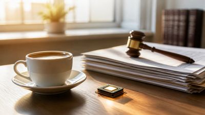 Ceașcă de cafea pe un birou din lemn, lângă un cip electronic luminat și un ciocănel de judecător.