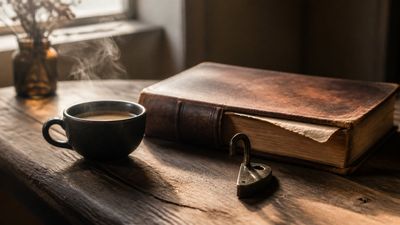 O cafea aburindă lângă o carte veche cu o pagină ruptă și un lacăt metalic deschis pe un birou de lemn.