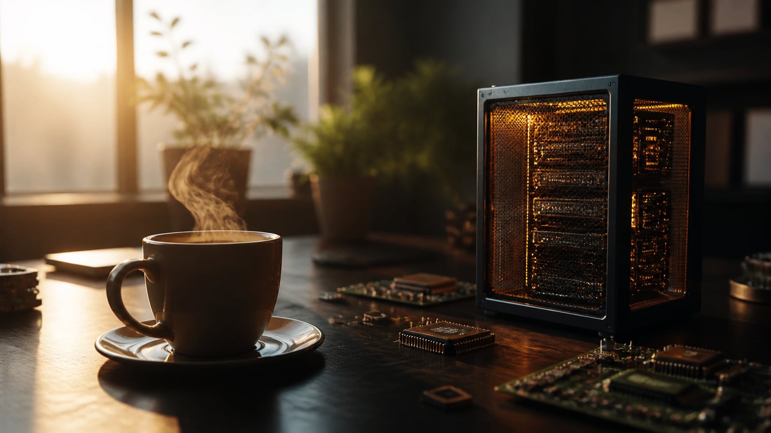 O cafea aburindă lângă un mic model de server și câteva microcipuri pe un birou din lemn.