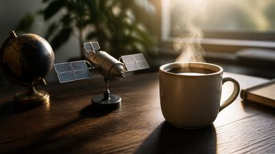 O cafea aburindă lângă un mic satelit miniatural și un glob pământesc, pe fundal întunecat