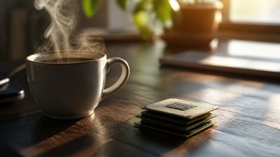 O cafea fierbinte lângă un mic stack de cipuri de calculator pe un birou din lemn.