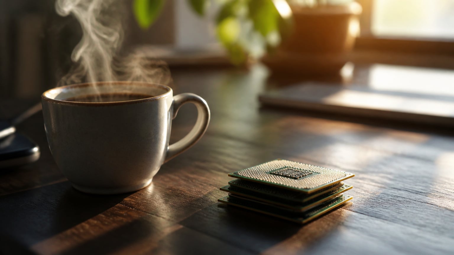 O cafea fierbinte lângă un mic stack de cipuri de calculator pe un birou din lemn.