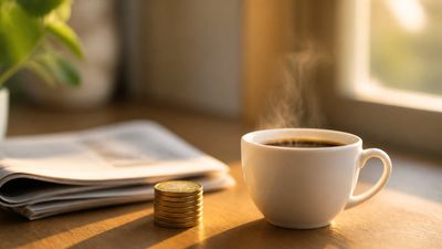 O cafea fierbinte pe un birou de lemn lângă o stivă de monede aurii și un ziar împăturit.