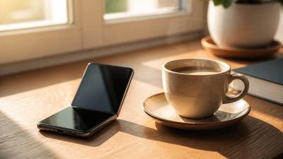 O cafea lângă un telefon pliabil deschis parțial pe un birou de lemn, în lumină de dimineață.