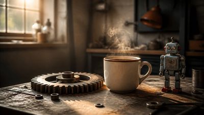 O cafea pe o masă de metal, alături de o roată dințată veche și un mic robot jucărie, lumină caldă de dimineață.