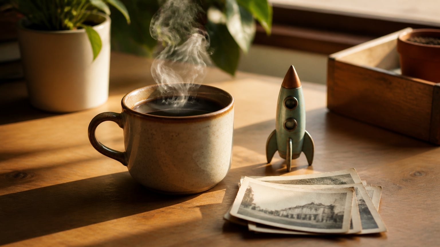 O cafea pe un birou de lemn, lângă o rachetă jucărie și un teanc de fotografii vechi.