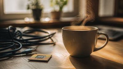 O cană de cafea aburindă lângă un cip metalic mic și un cablu de rețea, pe un birou din lemn, lumină caldă de dimineață.