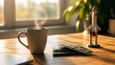 O cană de cafea lângă câteva module de memorie RAM și o mică machetă de rachetă, pe un birou din lemn.