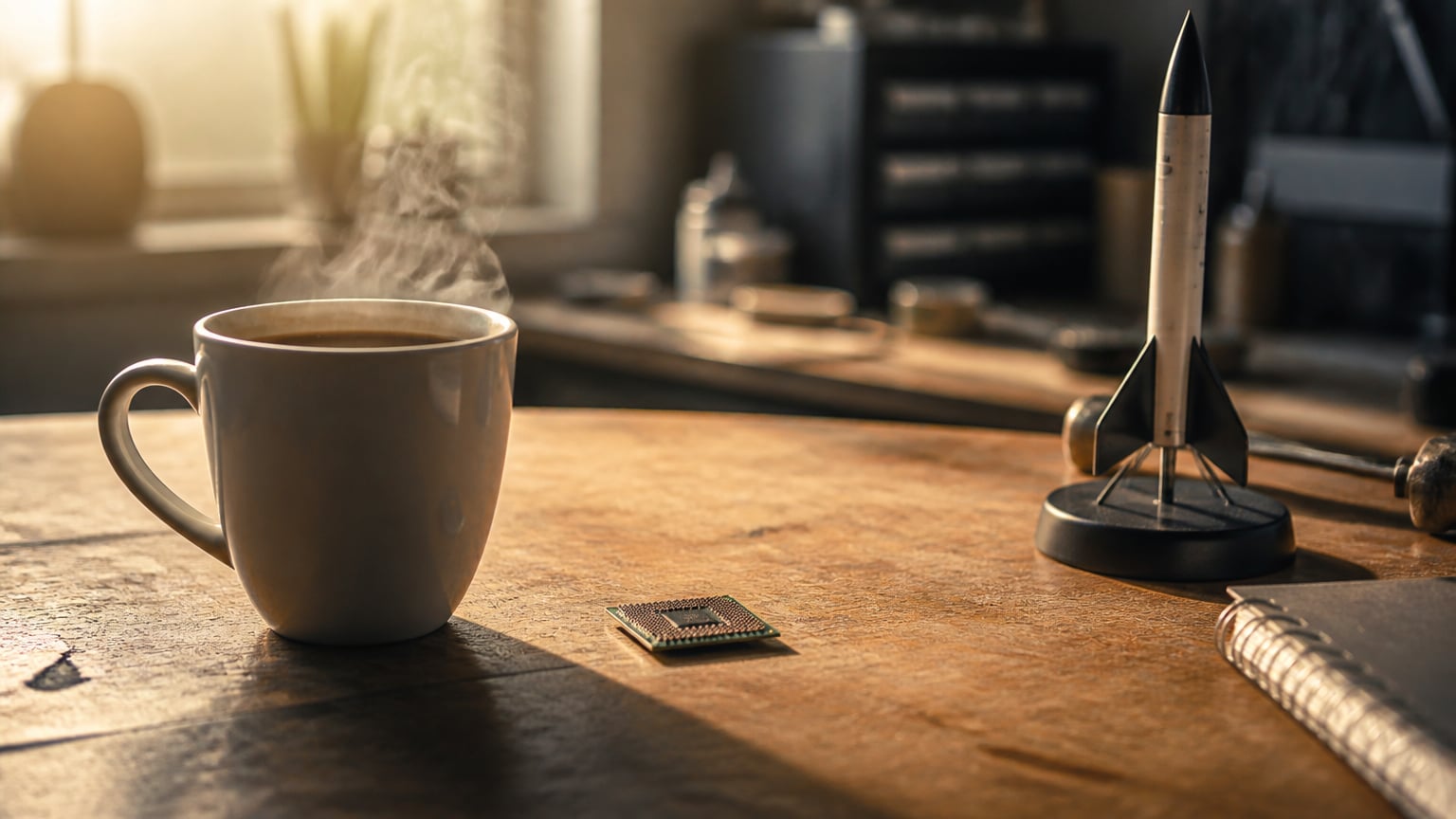 O cană de cafea lângă un cip de computer și o machetă de rachetă, pe o masă de lucru.