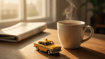 O ceașcă de cafea aburindă lângă o mașinuță jucărie de taxi, pe un birou de lemn, lumină caldă de dimineață.