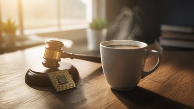 O ceașcă de cafea aburindă lângă un ciocănel mic de judecător și un cip de siliciu, pe un birou din lemn.