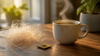 O ceașcă de cafea aburindă lângă un cip electronic pe un birou de lemn, în lumină caldă de dimineață.