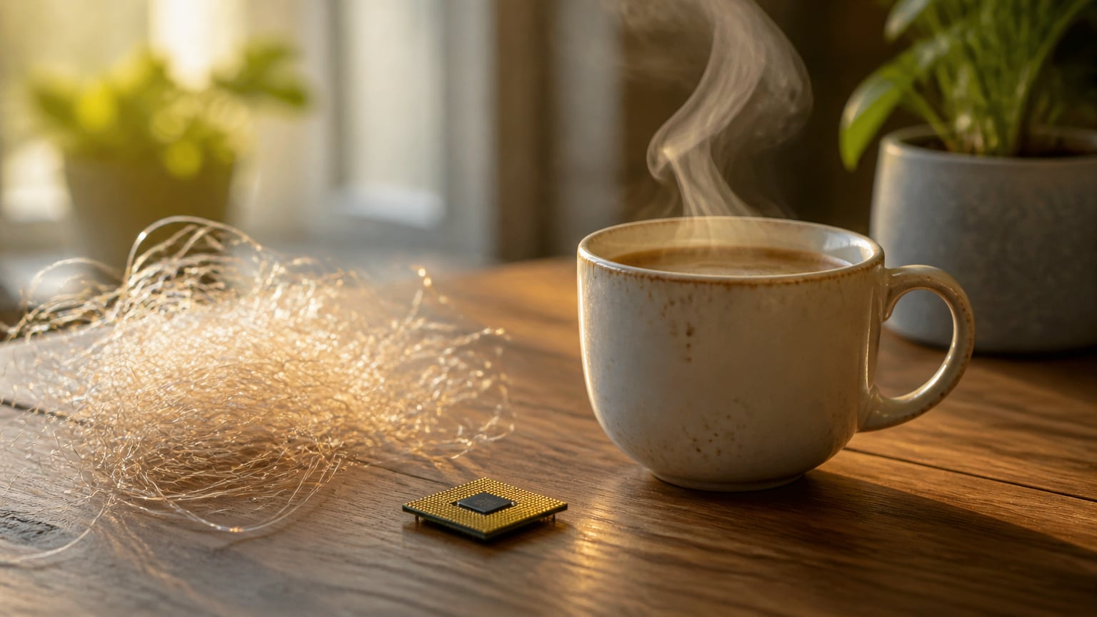 O ceașcă de cafea aburindă lângă un cip electronic pe un birou de lemn, în lumină caldă de dimineață.