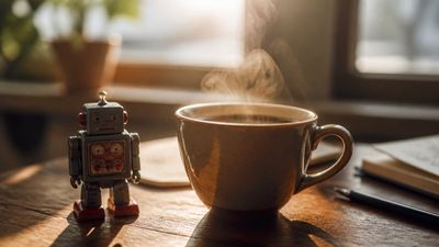 O ceașcă de cafea aburindă lângă un mic robot jucărie pe o masă de lemn