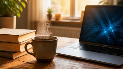 O ceașcă de cafea lângă cărți vechi și un laptop cu ecran albastru, lumină de dimineață.