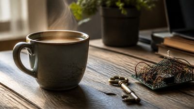 O ceașcă de cafea lângă o cheie veche și o placă de circuit pe un birou din lemn, lumină de dimineață.
