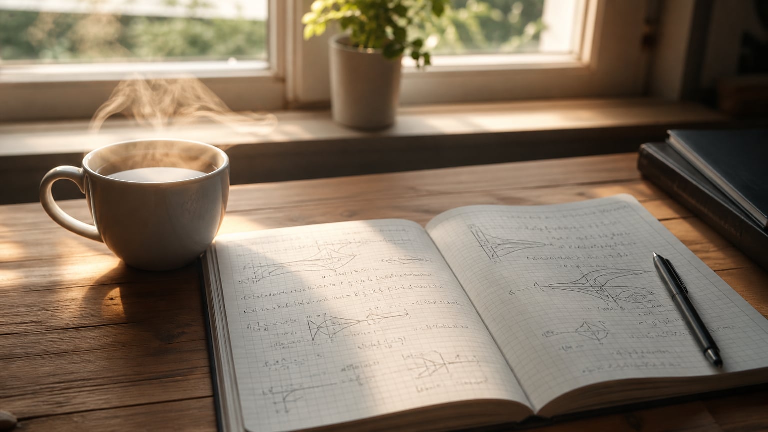 O ceașcă de cafea lângă un carnet cu diagrame desenate de curgere a lichidelor, lumină de dimineață.