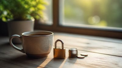 O ceașcă de cafea lângă un lacăt mic și o stivă de monede, pe un birou de lemn, lumină caldă de dimineață.