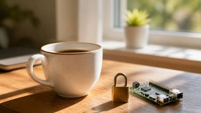 O ceașcă de cafea lângă un lacăt mic și o placă electronică, pe un birou de lemn, în lumină de dimineață.