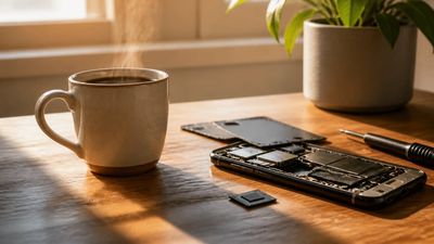 O ceașcă de cafea lângă un telefon smartphone desfăcut, cu componenta de memorie vizibilă, pe un birou de lemn.
