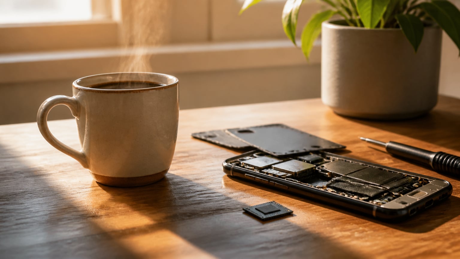 O ceașcă de cafea lângă un telefon smartphone desfăcut, cu componenta de memorie vizibilă, pe un birou de lemn.