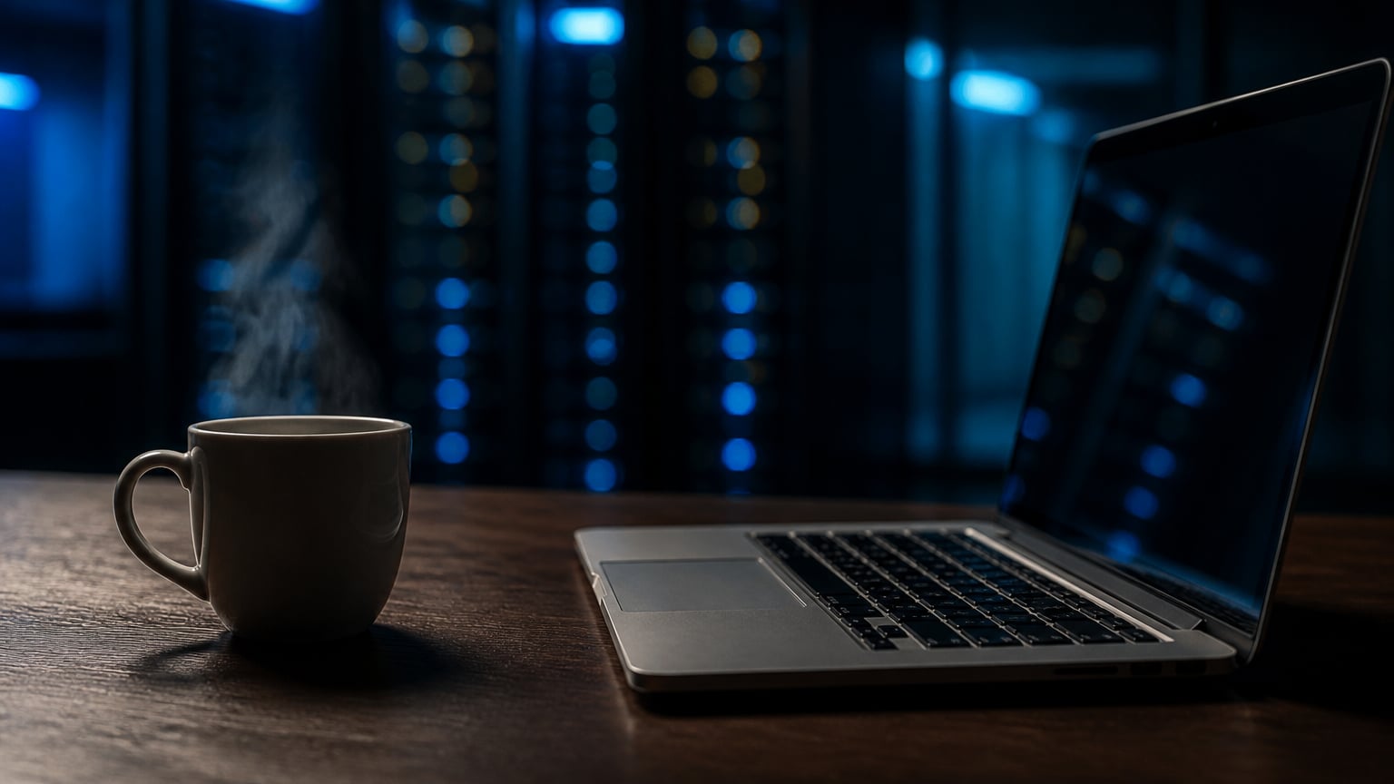 O ceașcă de cafea pe un birou de lemn, cu un laptop deschis și lumini albastre difuze în fundal.